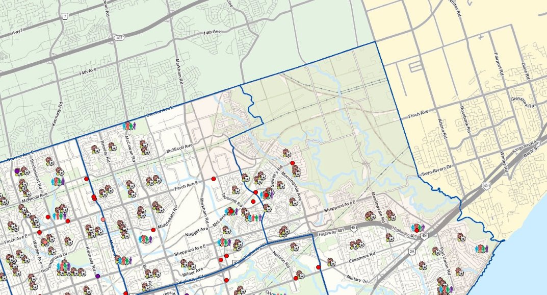Fig. 5 City of Toronto run services and programs in the Scarborough area, showing underserved region in Northeast Scarborough.